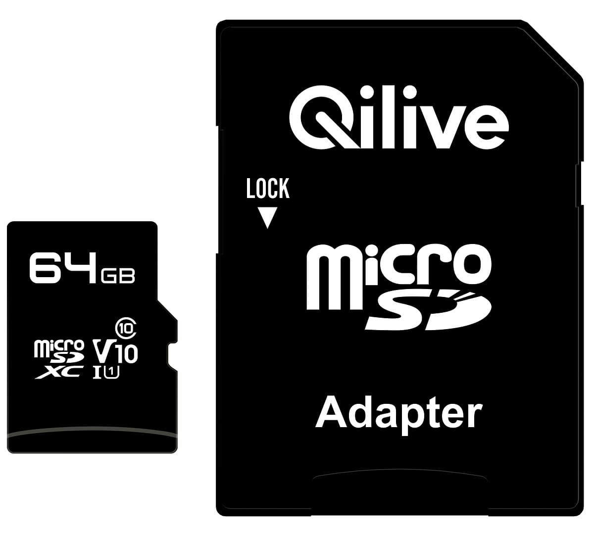 QILIVE Micro SDXC - 64 Go - Adaptateur SD - Carte mémoire