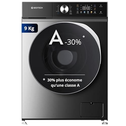 GEDTECH Lave-linge frontal GLLPS91400DG, 9 kg, 1400 tr/min, 16 programmes (Eco, Intensif, Rapide), faible consommation d'énergie, panneau de commande LED couleur