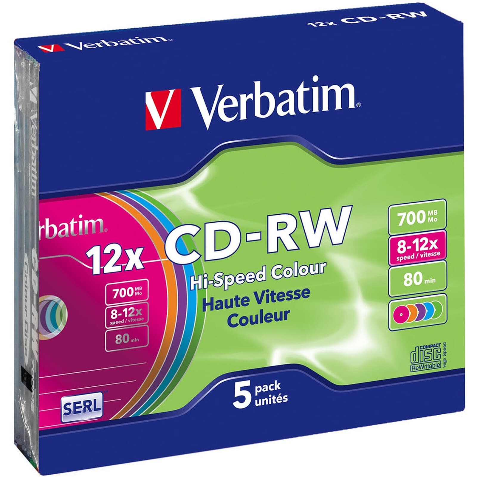 Verbatim CD-RW 700 Mo certifié 12x couleur (pack de 5, boitier slim)