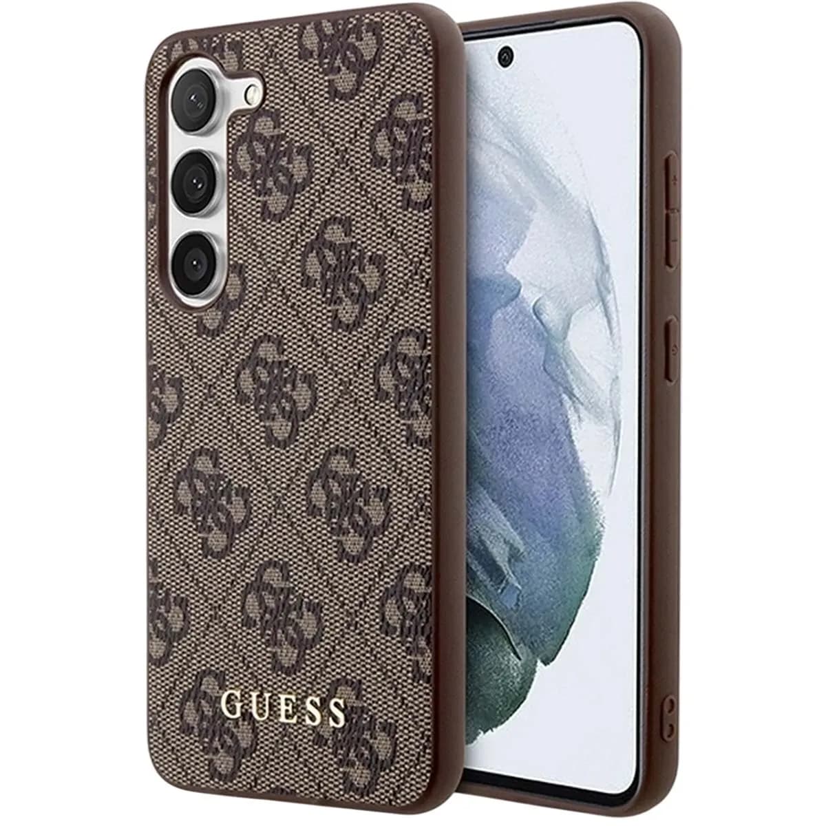 Guess Coque pour Samsung Galaxy S23 en TPU avec Motif 4G et Logo en Métal Marron