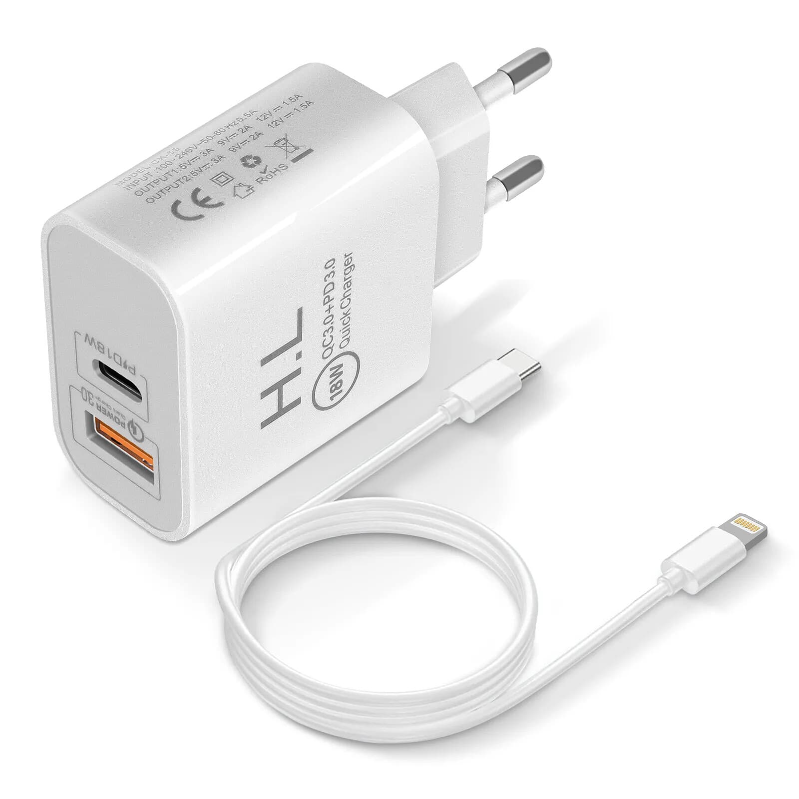 Chargeur Secteur USB / USB-C 18W Power Delivery Q.C 3.0 Câble Lightning Blanc