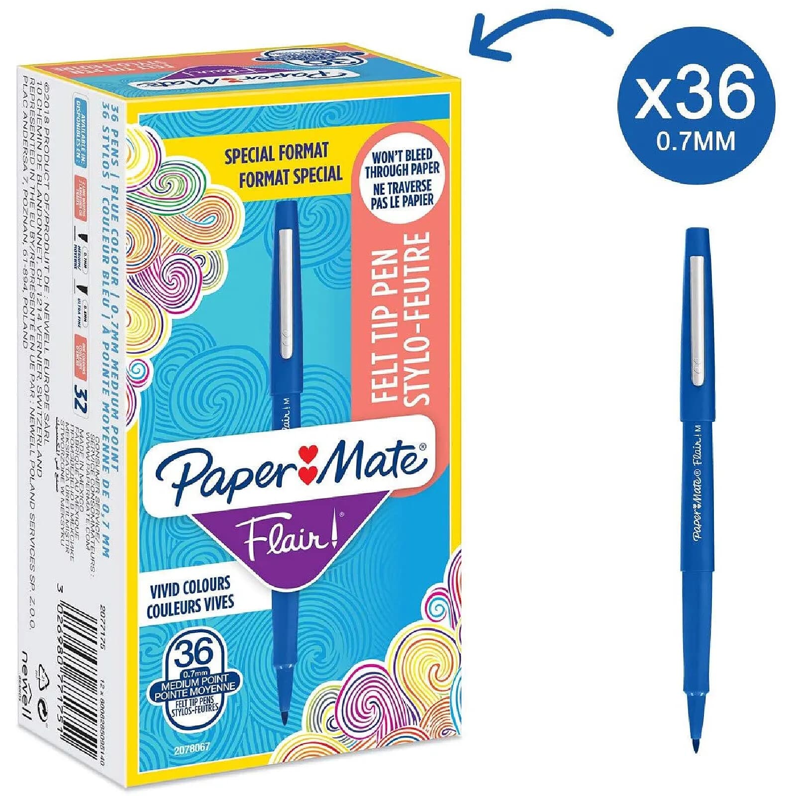 PAPER MATE Stylos feutre Flair Original Pointe Moyenne Bleu x 36