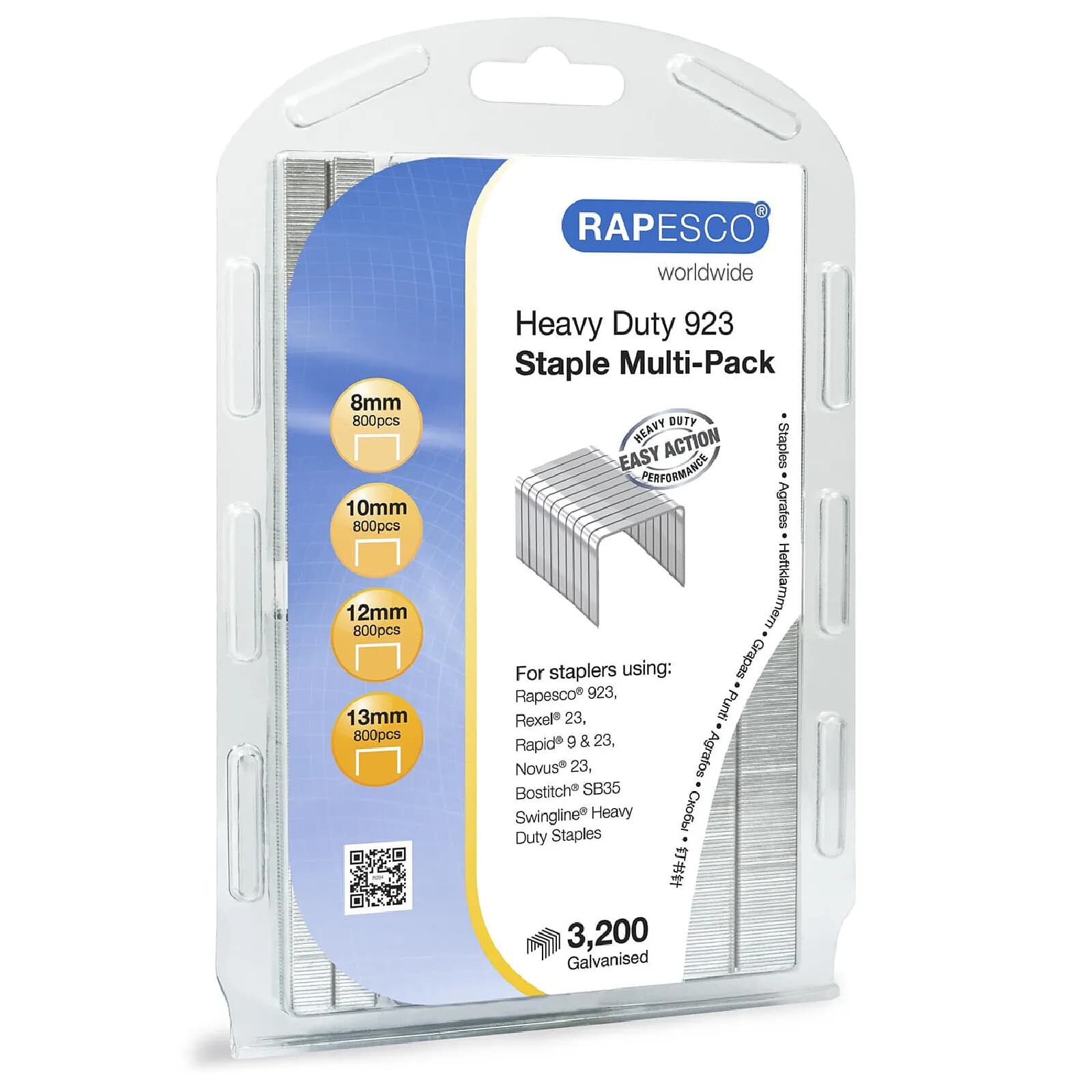 RAPESCO Boite de 3200 Agrafes mélangées Type 923 8-10-12 et 13 mm, 800 de chaque