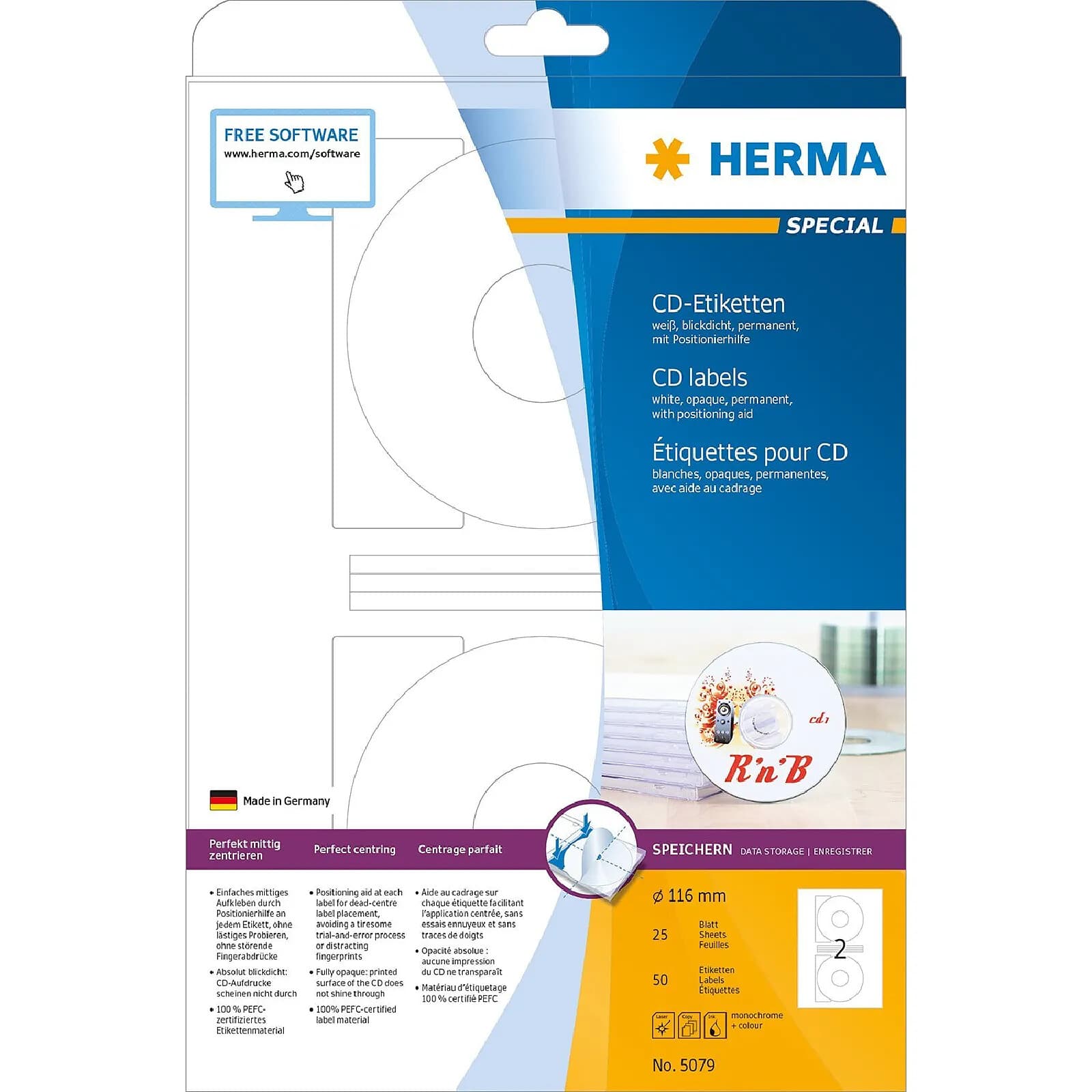 HERMA Etui 20 Etiquettes SPECIAL pour CD/DVD diam 116 mm maxi blanc