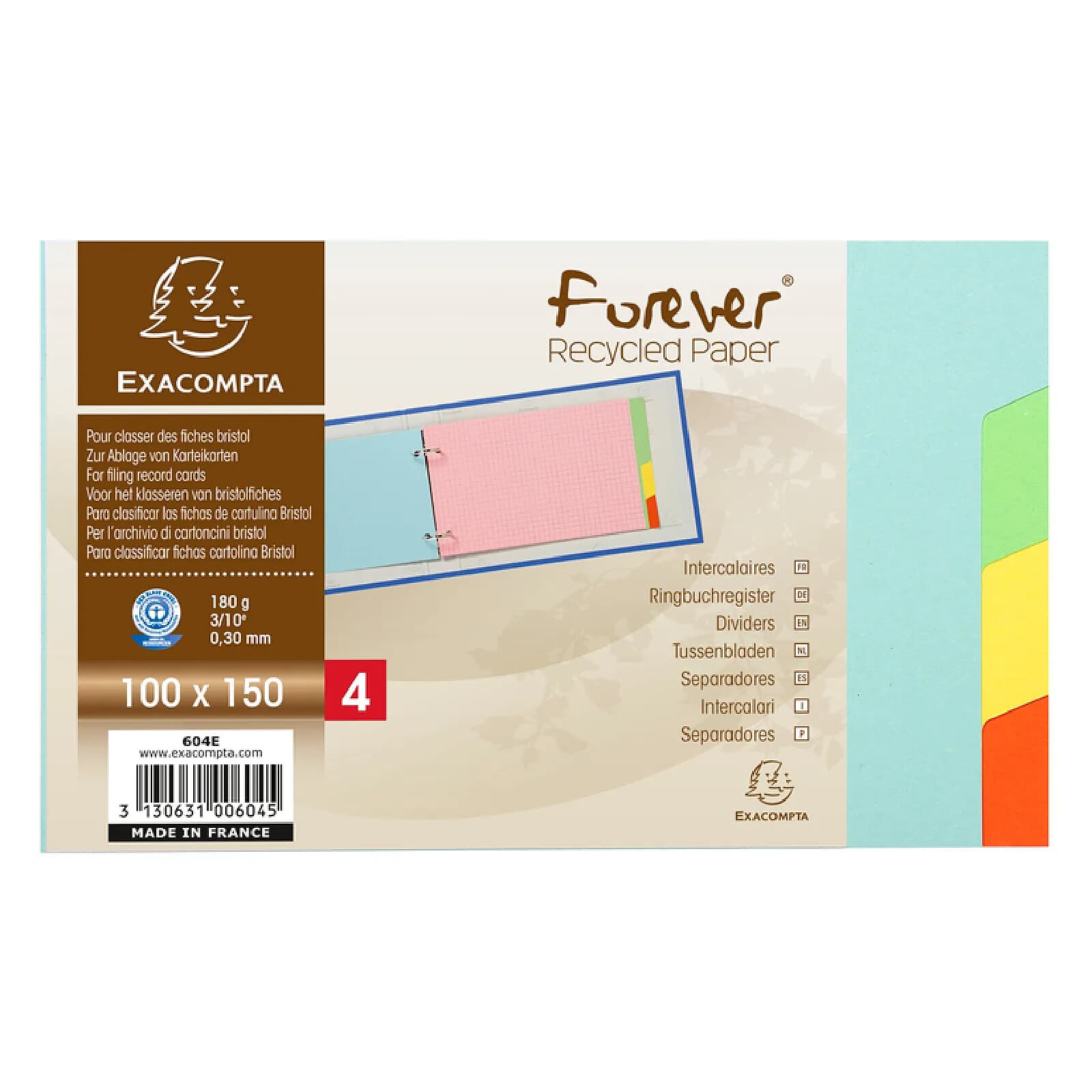 EXACOMPTA Intercalaires pour fiches bristol carte lustrée 225g 4 positions - 100x150mm - Couleurs assorties x 10