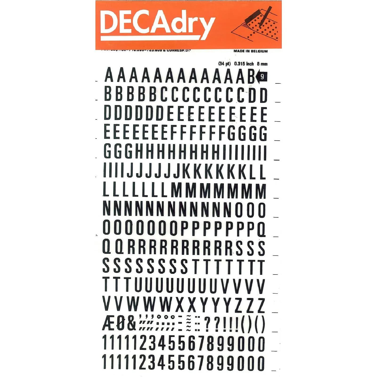 DECADRY Lettres et Chiffres Transferts (1 Feuille) DD9F 8 mm Noir