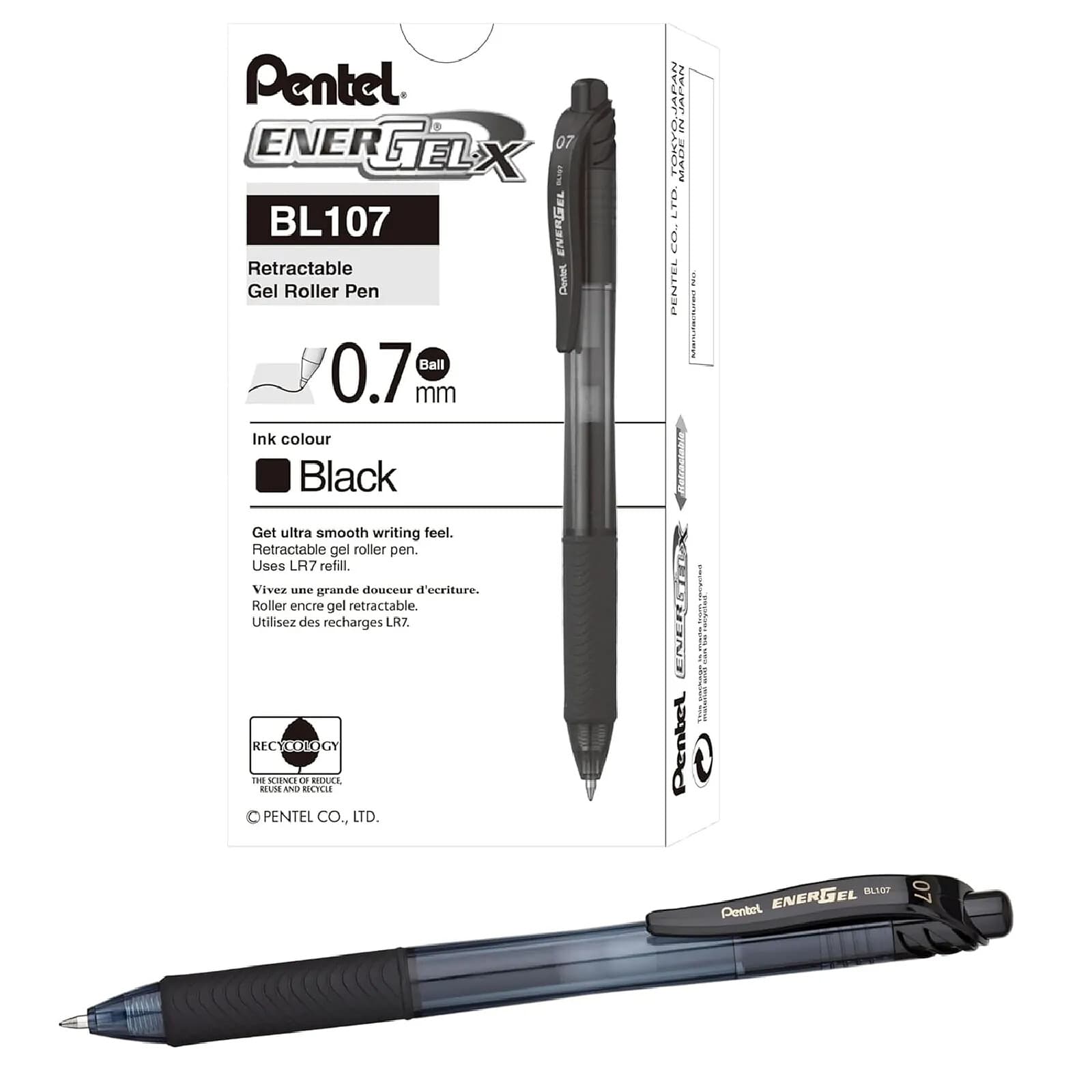 PENTEL Stylo Roller Encre Gel EnerGel-X BL107 Pointe Fine Noir x 12