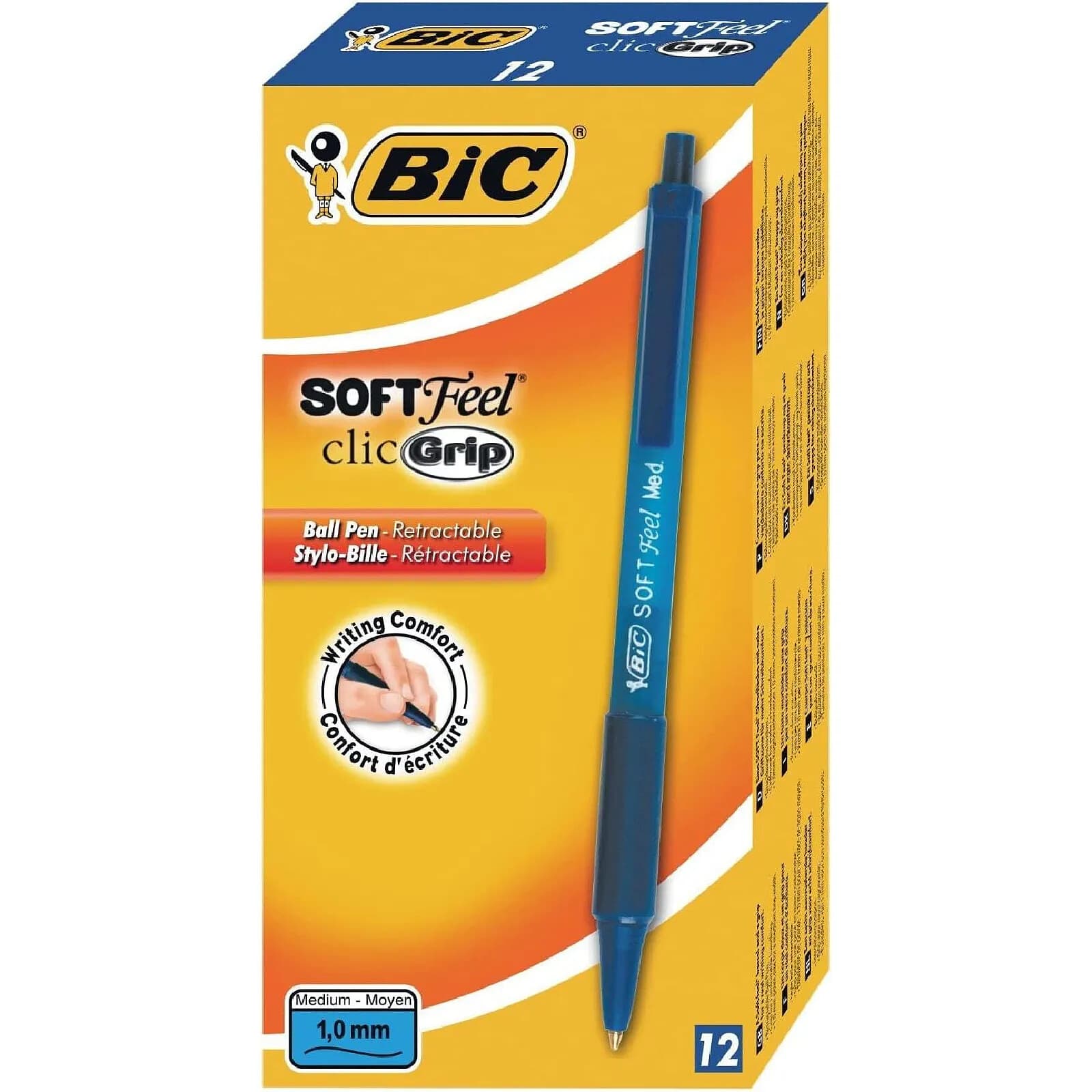 BIC Stylo à bille rétractable Soft Feel Clic grip, bleu x 12