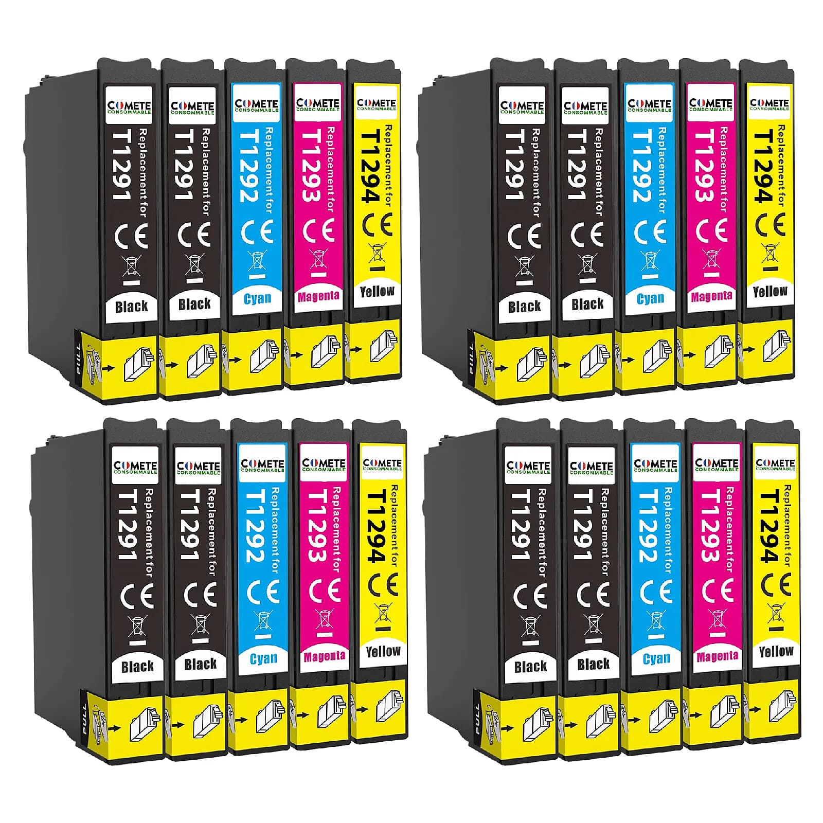 COMETE - T1295 - 20 Cartouches compatibles Epson T129XL - 8 Noir + 4 Cyan + 4 Magenta + 4 Jaune - Marque Française