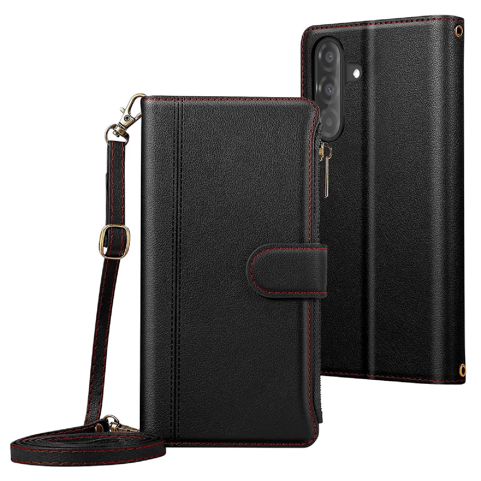 Étui Folio pour Samsung Galaxy A36 à Zip avec Bandoulière Amovible Noir