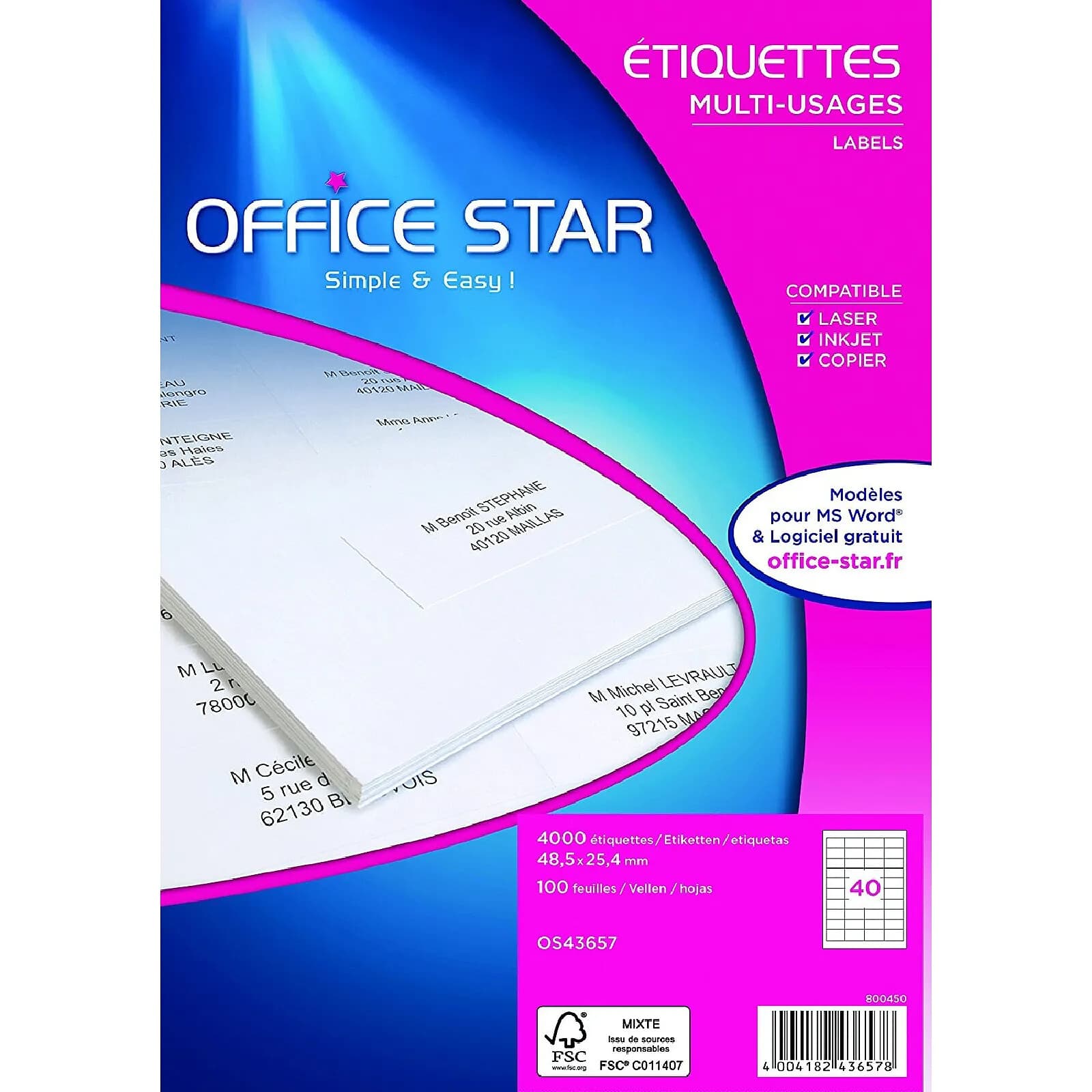 OFFICE STAR Boite de 4000 étiquettes multi-usage blanches 48.5x25,4mm x 5