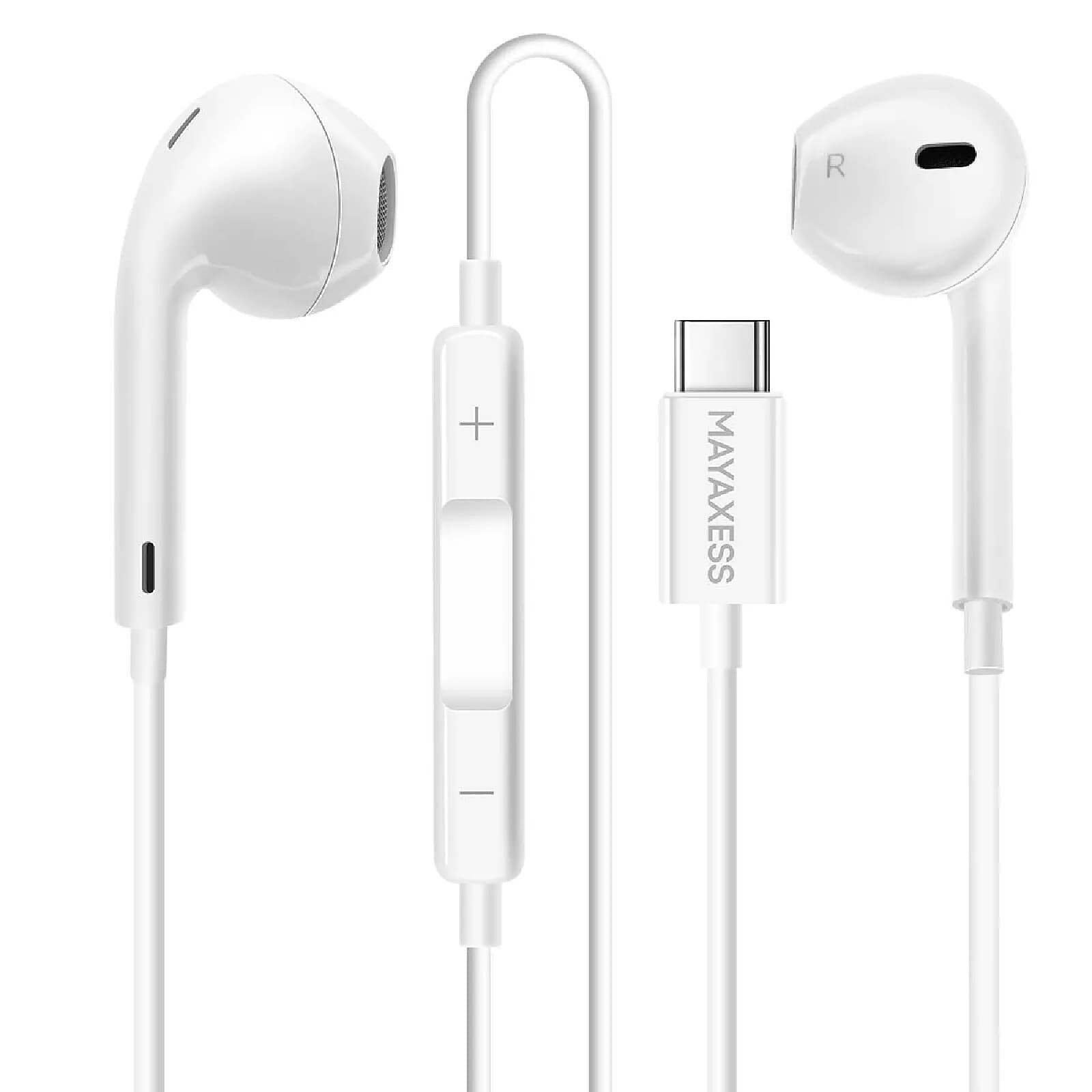 Mayaxess Écouteurs Filaires USB-C avec Micro intégré pour Samsung Galaxy S25 / S25 Ultra / S25 Plus / S25 SE / S25 Edge Blanc