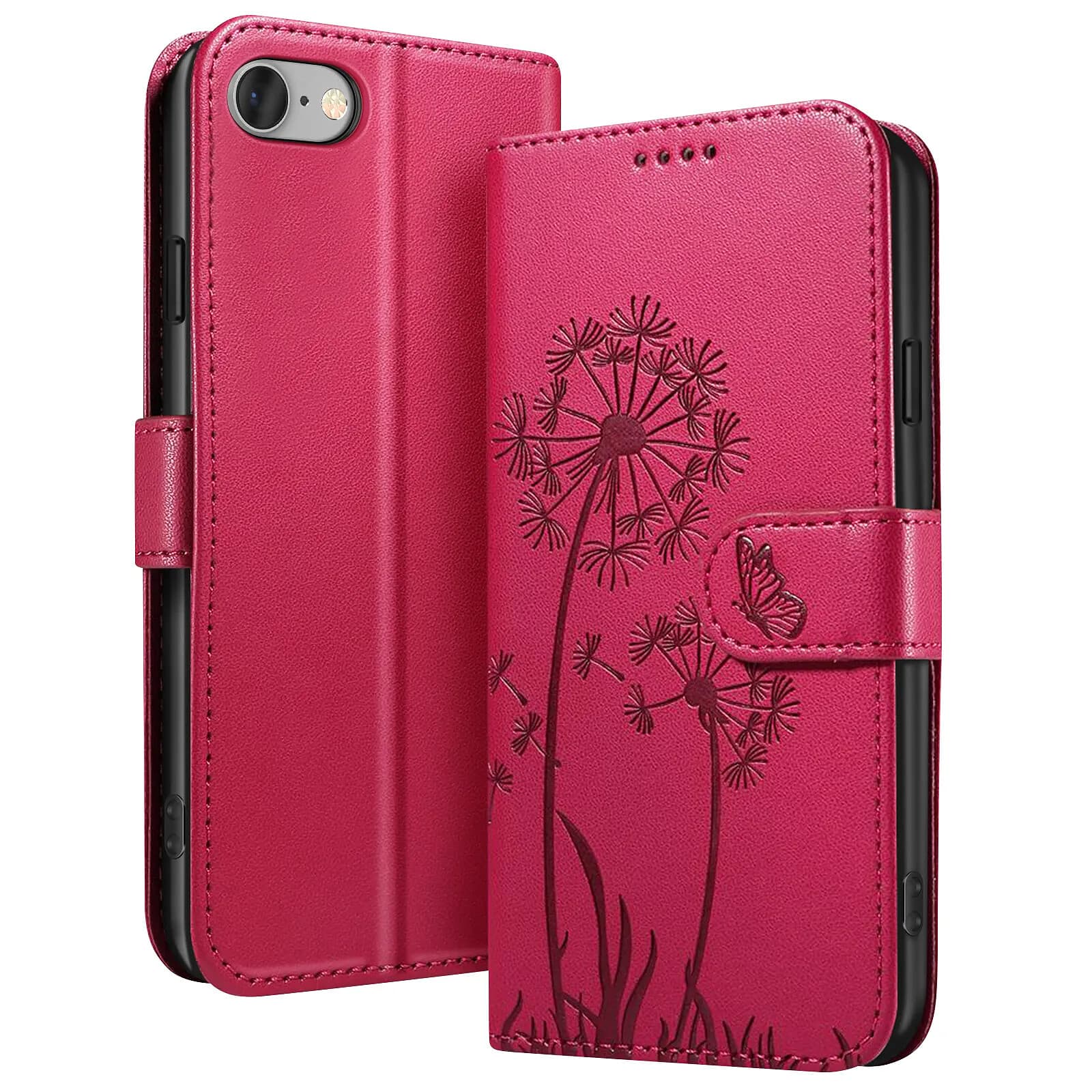 Zanaé Étui Portefeuille pour iPhone 7 / 8 / SE 2022 Premium Design Fleurs Papillon Rouge