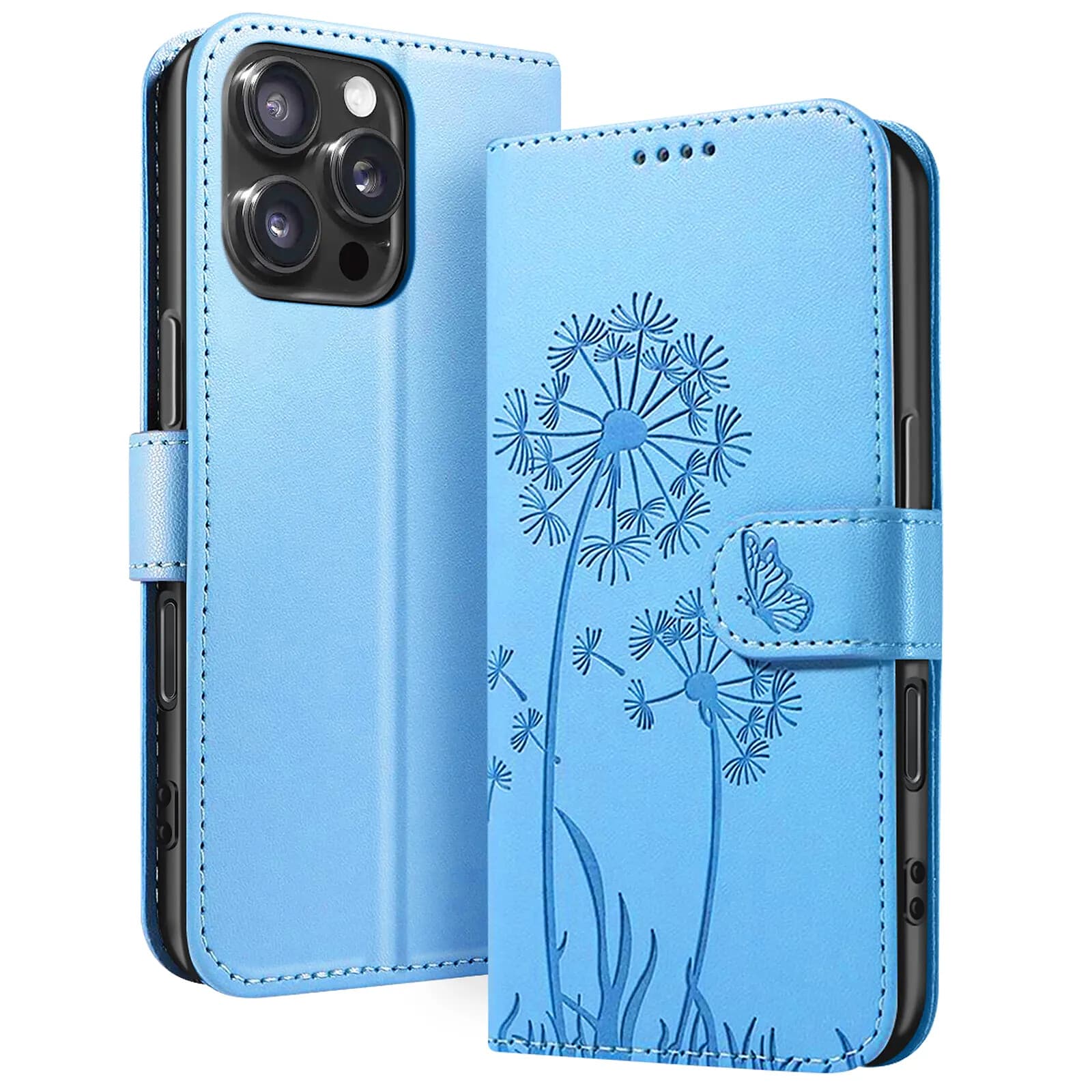 Zanaé Étui Portefeuille pour iPhone 16 Pro Premium Design Fleurs Papillon Bleu clair