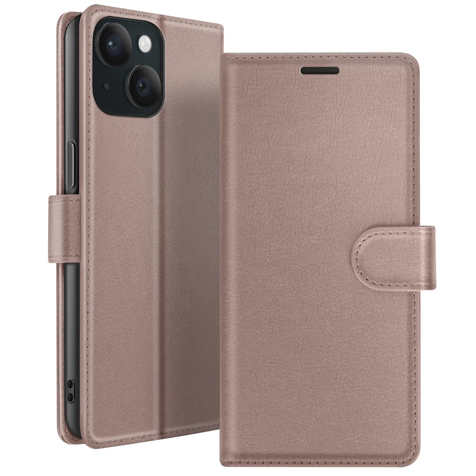 Zanaé Étui Portefeuille pour iPhone 15 Support et Languette Magnétique Taupe