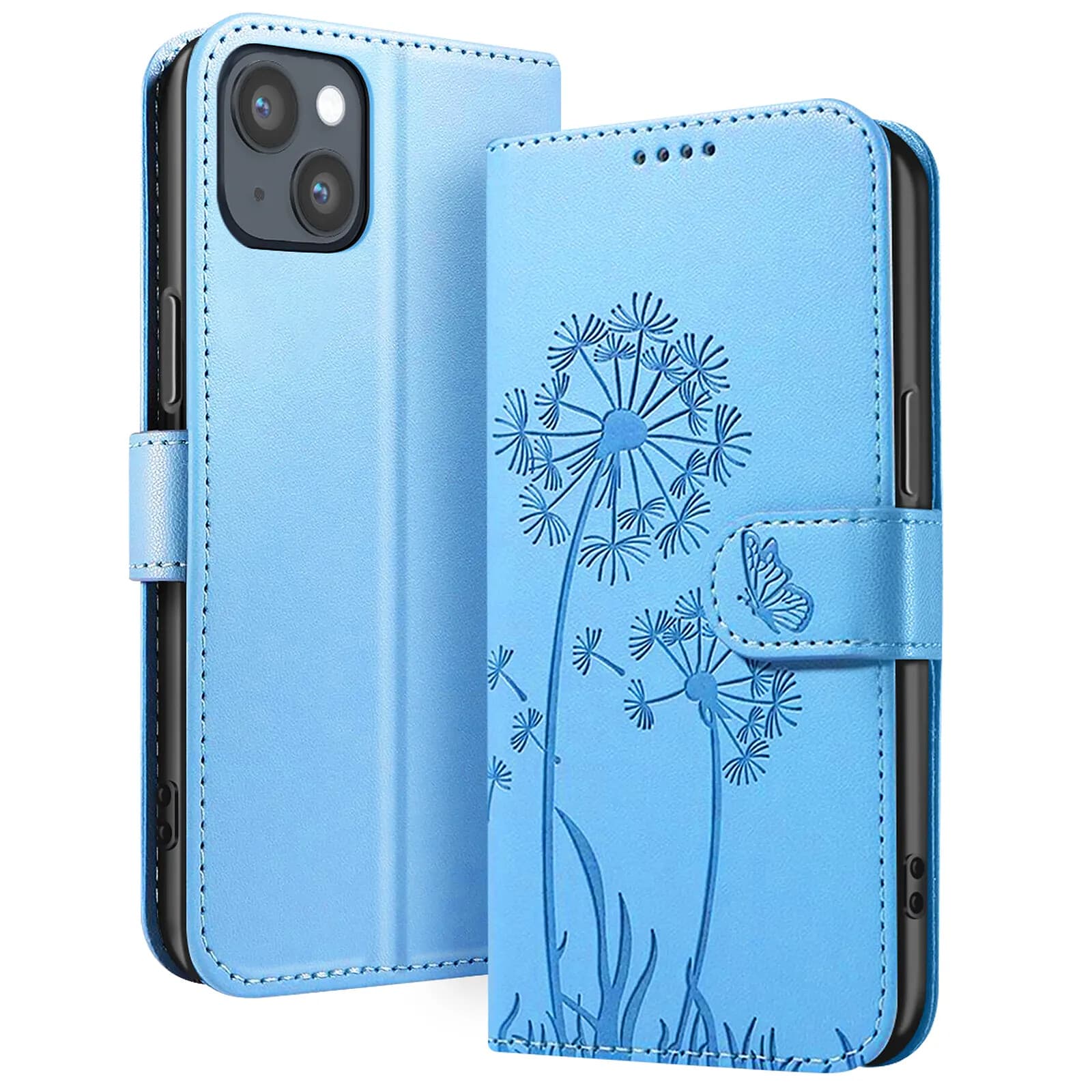 Zanaé Étui Portefeuille pour iPhone 13 / 14 Premium Design Fleurs Papillon Bleu clair