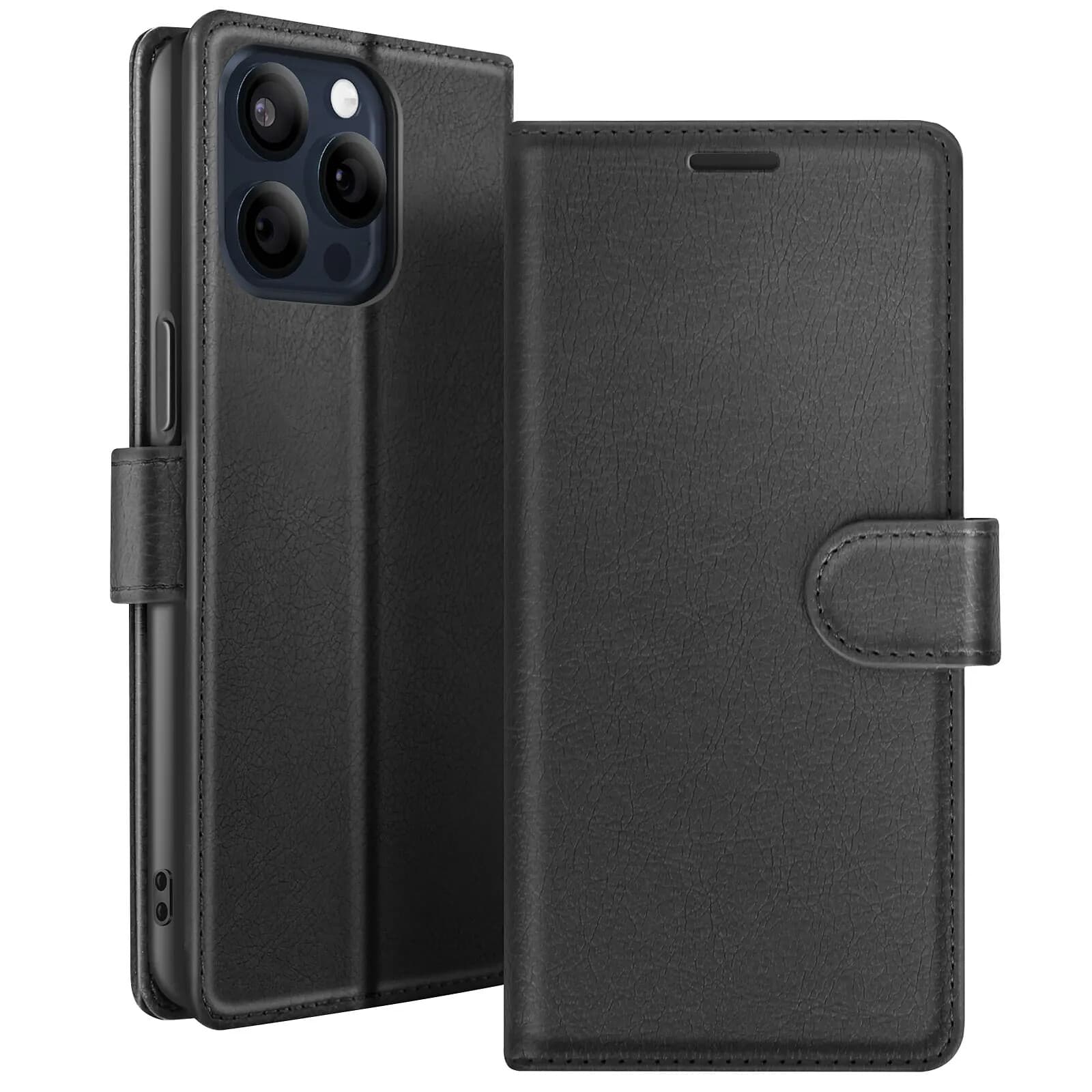 Zanaé Étui Portefeuille pour iPhone 15 Pro Max avec Support et Languette Magnétique Noir