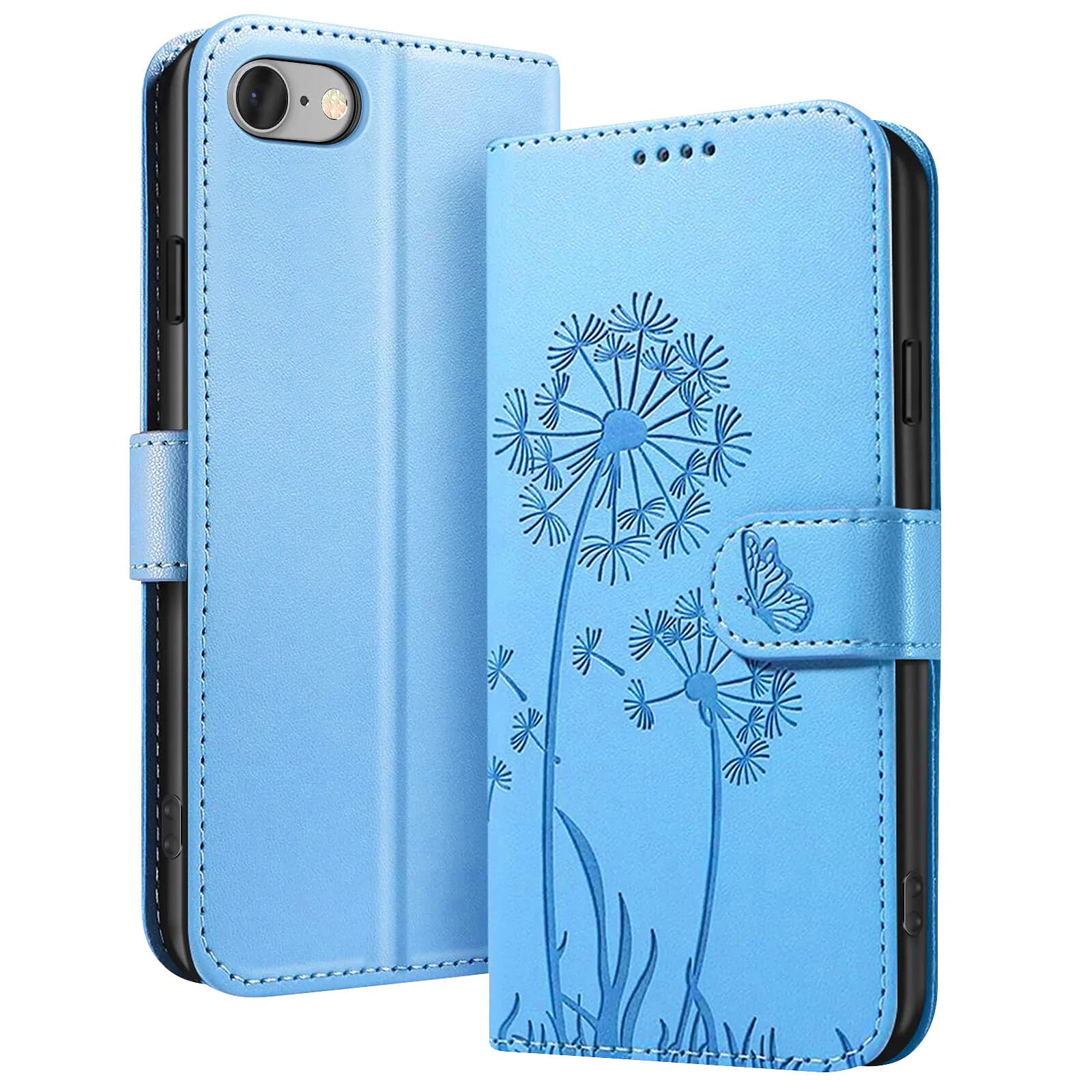 Zanaé Étui Portefeuille pour iPhone 7 / 8 / SE 2022 Premium Design Fleurs Papillon Bleu clair