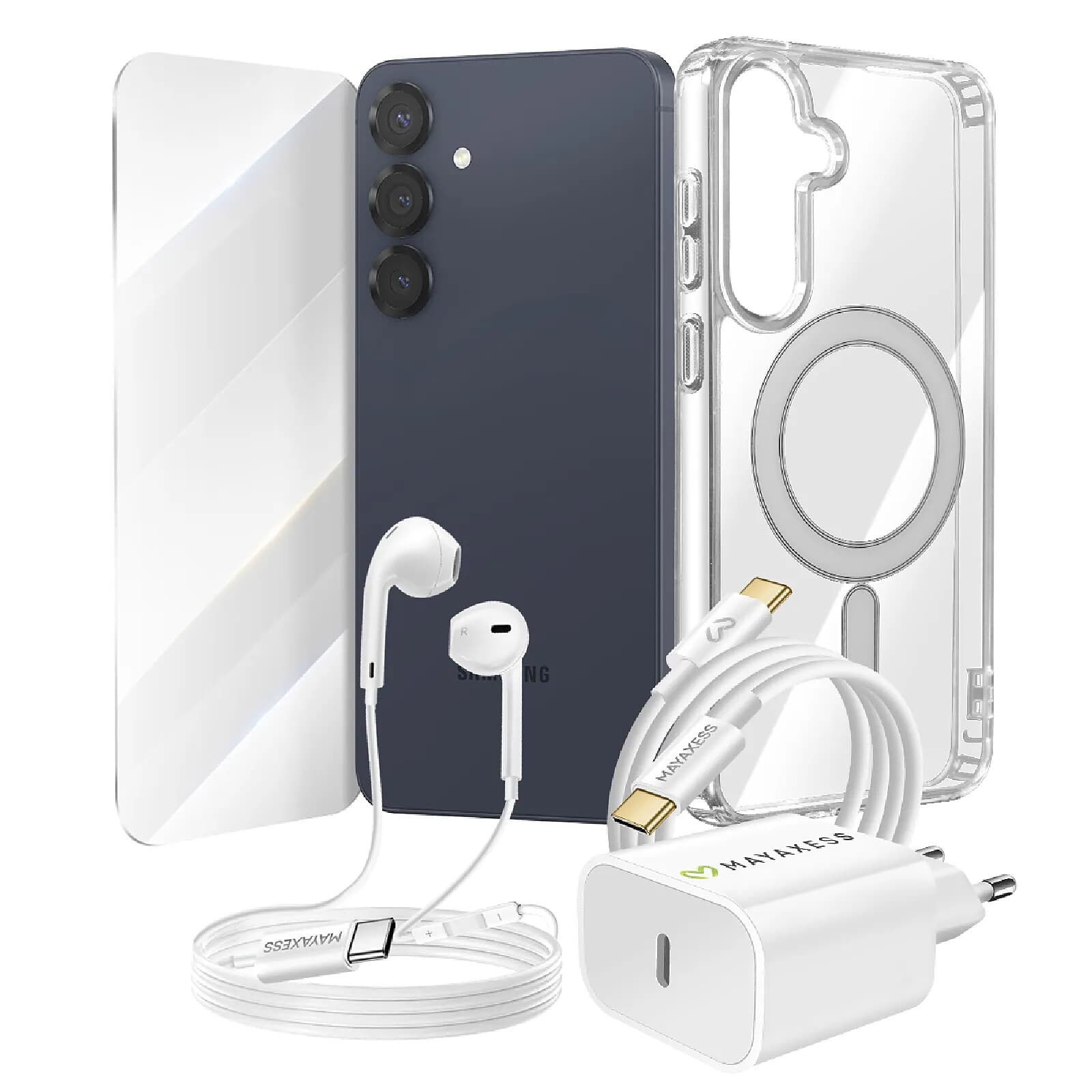 Mayaxess Pack Essentiel pour Galaxy S25 Plus Coque, Verre, Chargeur, Écouteurs (5 pièces) Transparent