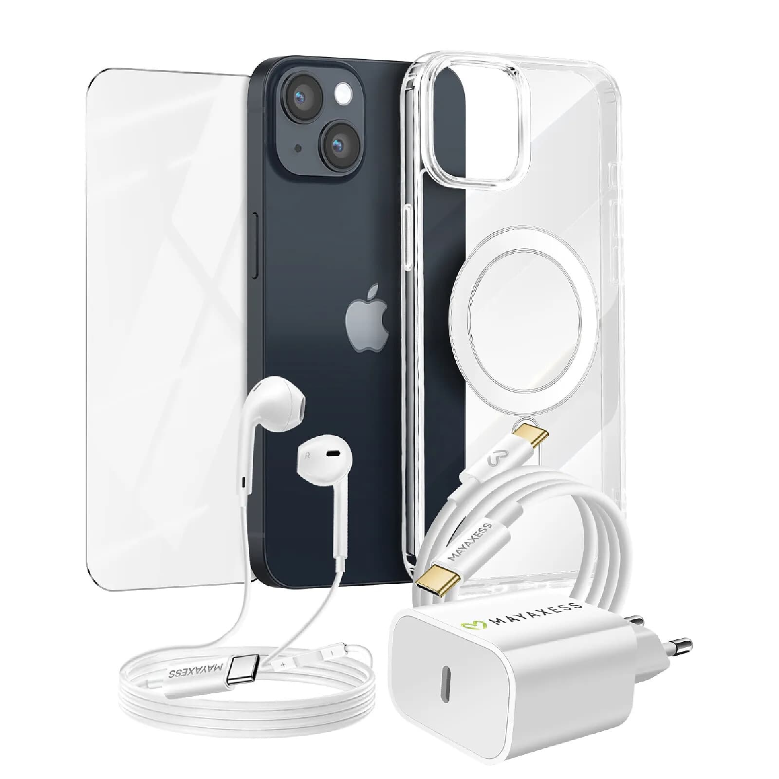 Mayaxess Pack Essentiel pour iPhone 14 Coque, Verre, Chargeur, Écouteurs (5 pièces) Transparent