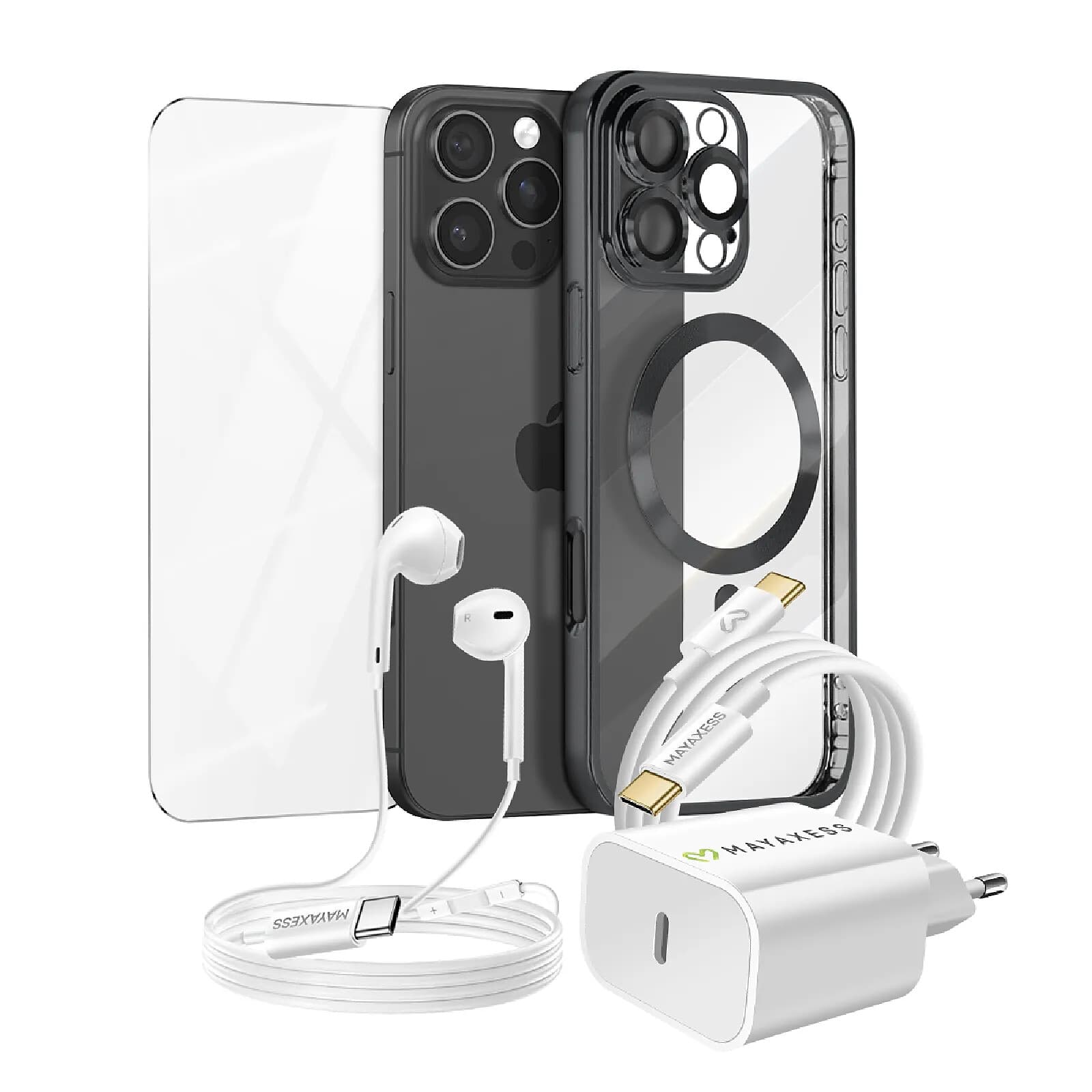 Mayaxess Pack Essentiel pour iPhone 16 Pro Max Coque, Verre, Chargeur, Écouteurs (5 pièces) Noir