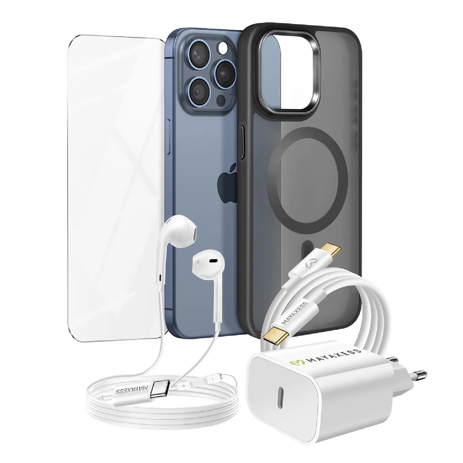 Mayaxess Pack Essentiel pour iPhone 15 Pro Max Coque, Verre, Chargeur, Écouteurs (5 pièces) Noir
