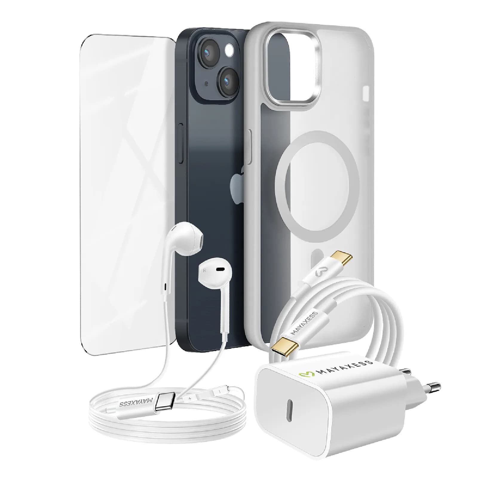 Mayaxess Pack Essentiel pour iPhone 14 Coque, Verre, Chargeur, Écouteurs (5 pièces) Gris
