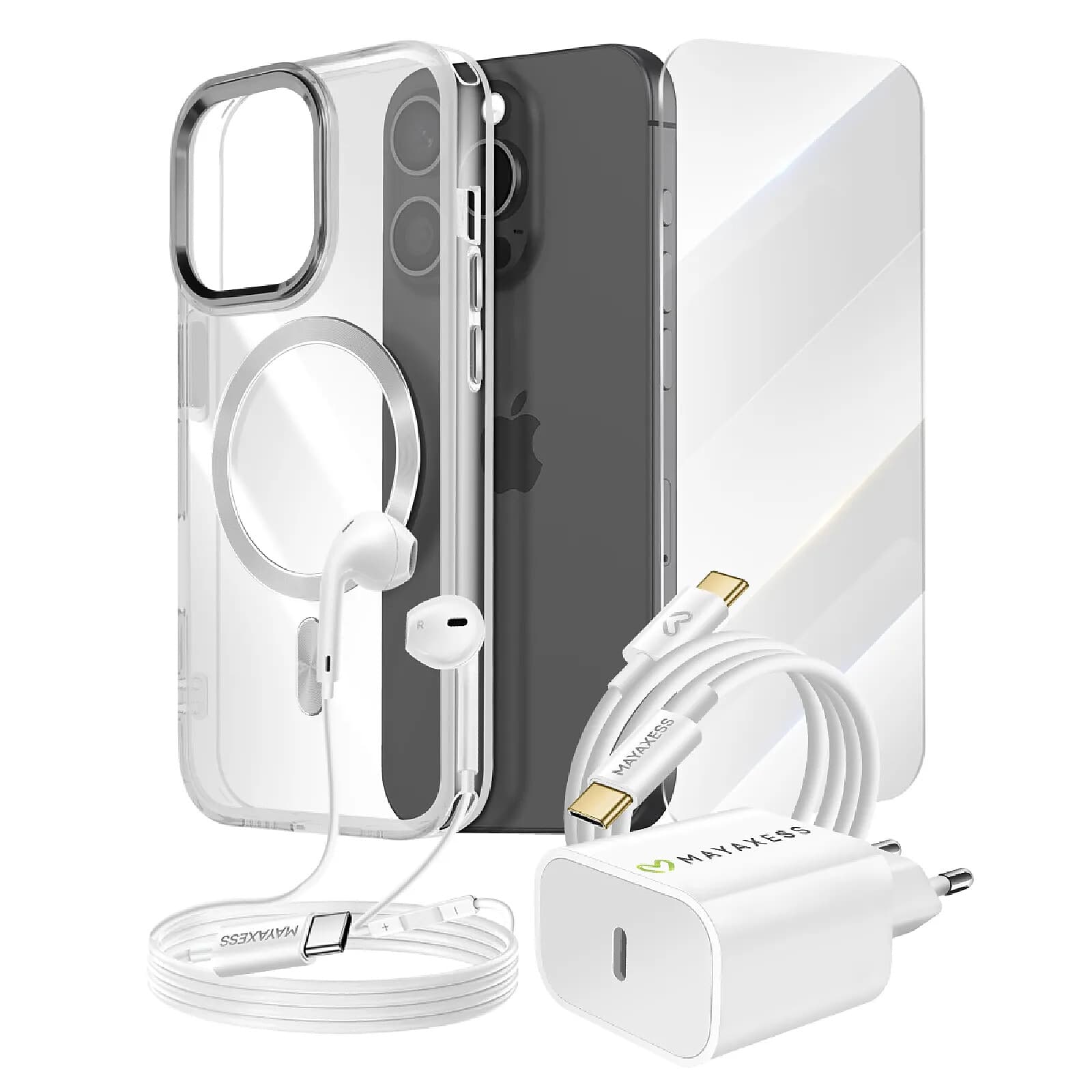 Mayaxess Pack Essentiel pour iPhone 15 Pro Coque, Verre, Chargeur, Écouteurs (5 pièces) Argent