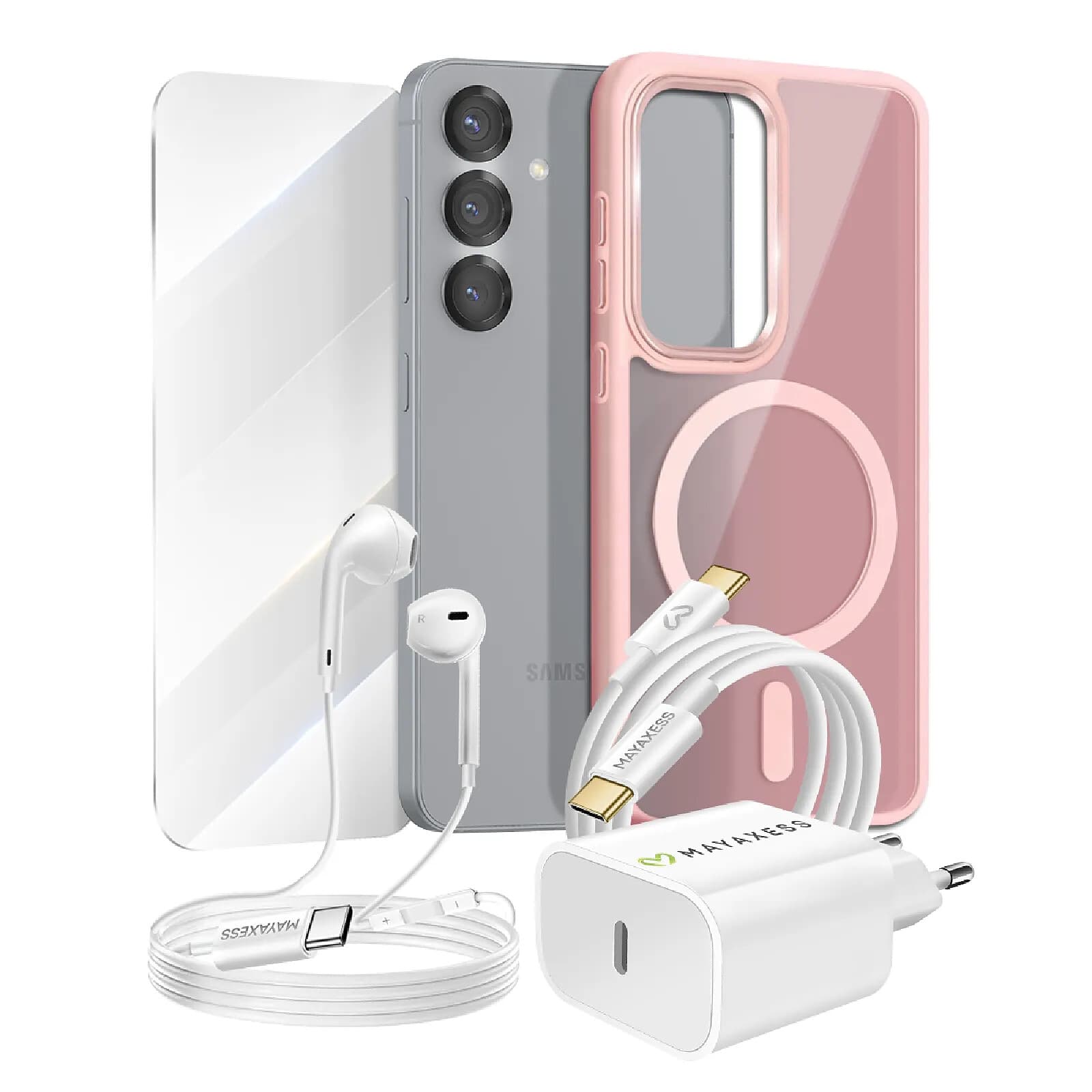 Mayaxess Pack Essentiel pour Galaxy S25 Coque, Verre, Chargeur, Écouteurs (5 pièces) Rose