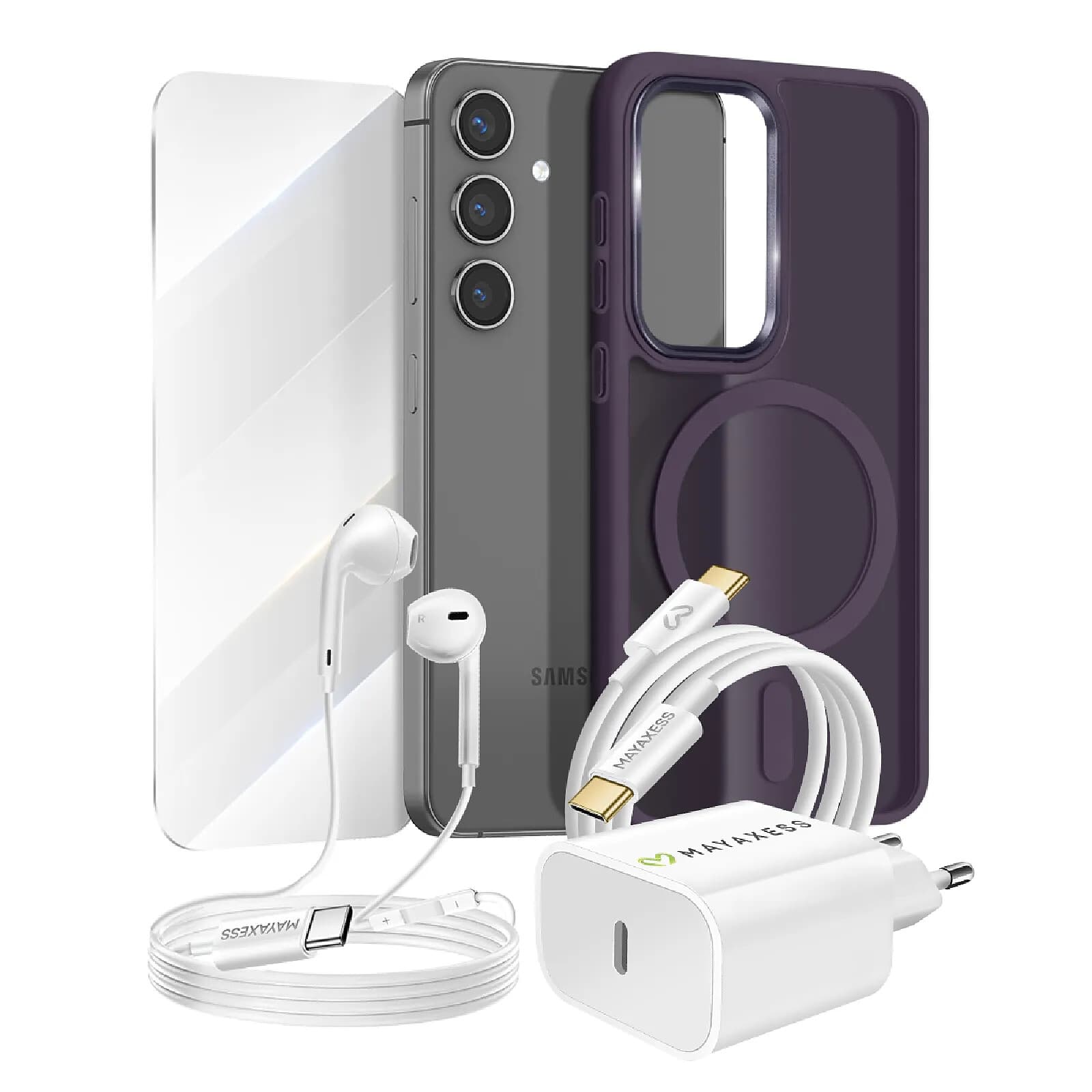 Mayaxess Pack Essentiel pour Galaxy S24 Coque, Verre, Chargeur, Écouteurs (5 pièces) Violet