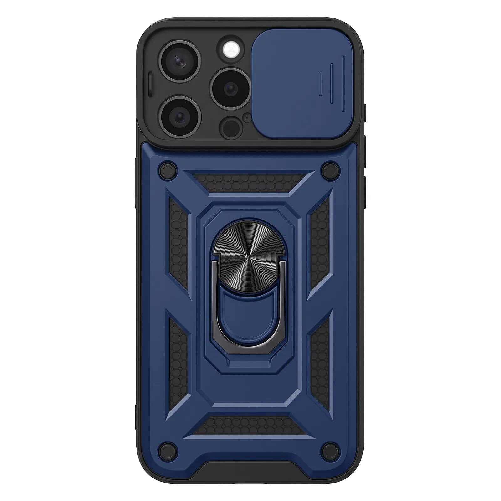 Mayaxess Coque pour iPhone 15 Pro Max avec Anneau Magnétique Rotatif et Cache Caméra Coulissant Bleu nuit