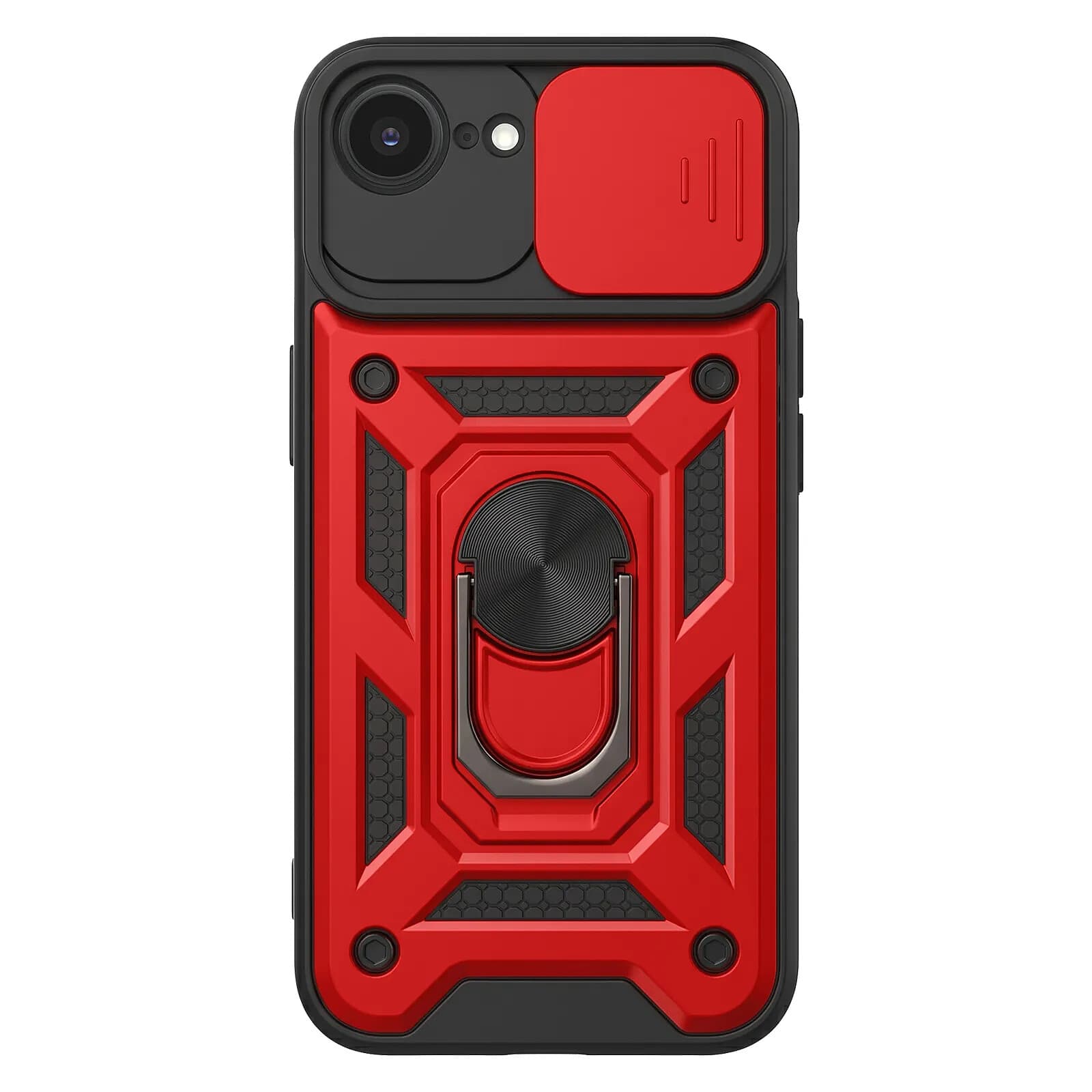 Mayaxess Coque Anneau pour iPhone 16e avec Cache Caméra Coulissant et Bague Magnétique Rouge / Noir