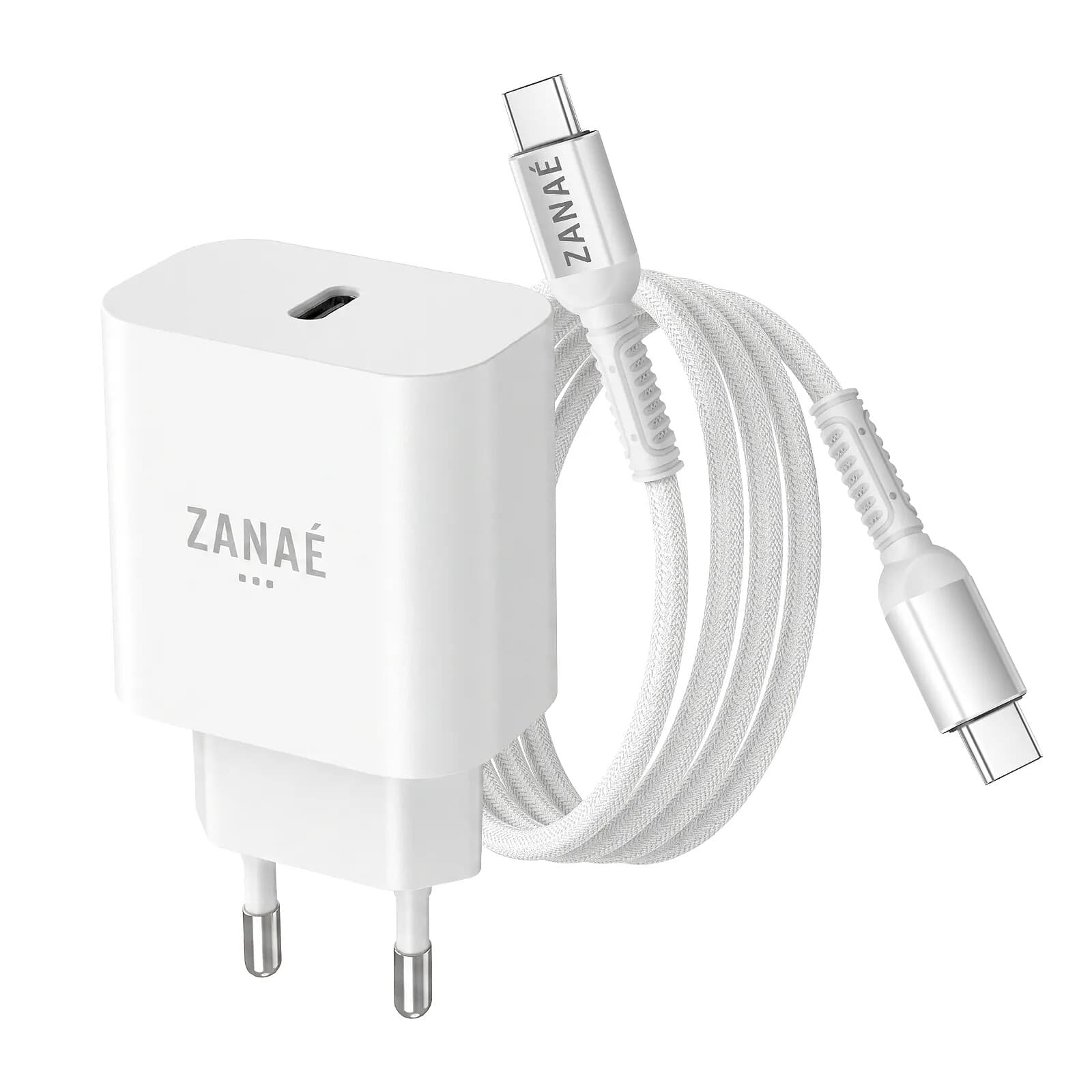 Zanaé Chargeur Secteur avec Câble USB-C Anti-Torsion Power Delivery 20W Blanc