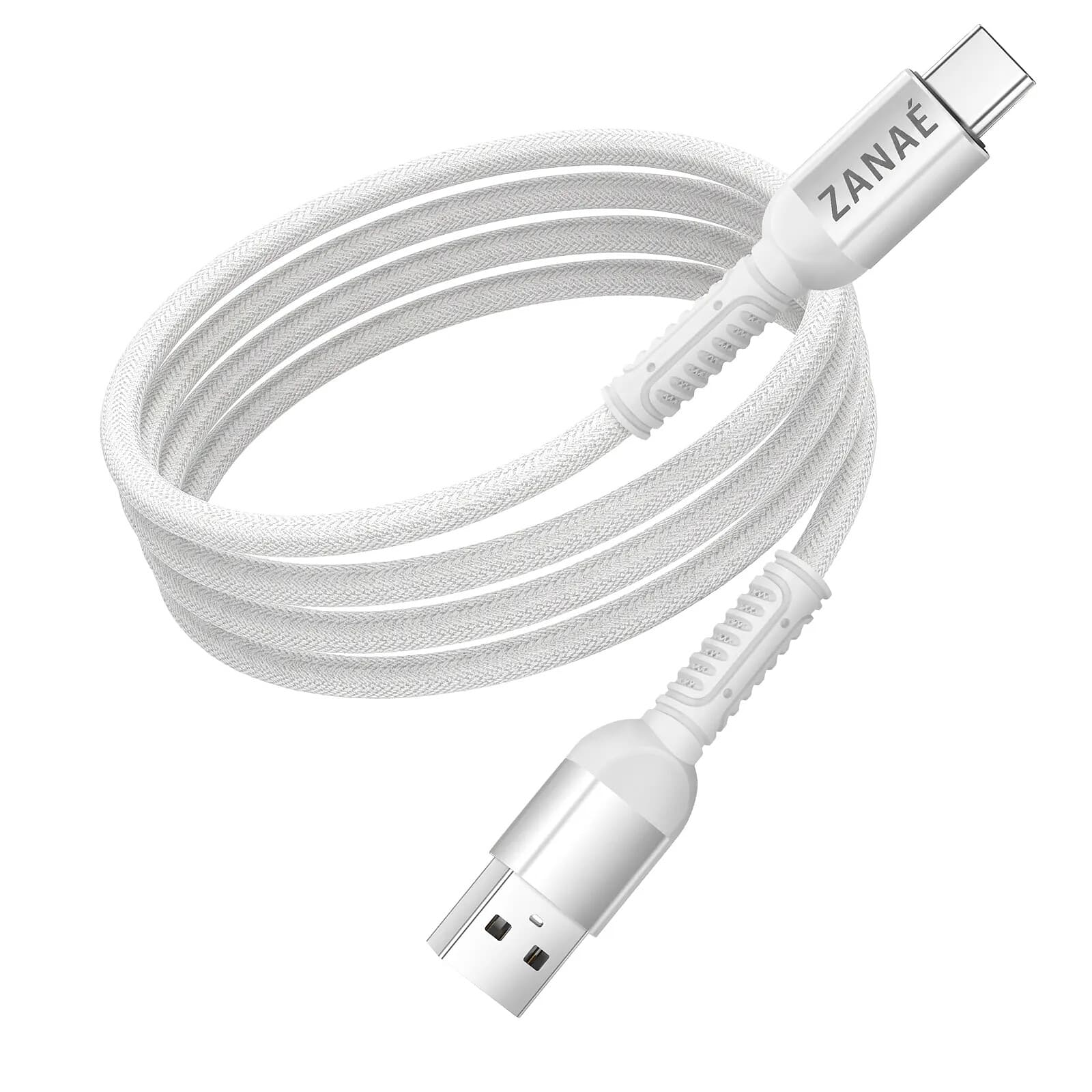 Zanaé Câble USB-A vers USB-C 10W en Nylon Tressé Flexible Renforcé Anti-nœuds 1.2m Blanc